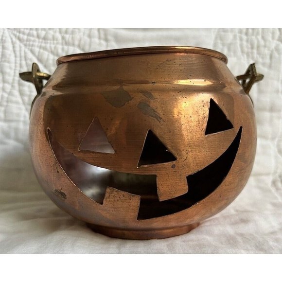 Holiday Vintage Halloween Copper Jack O Lantern With Brass Handle 425